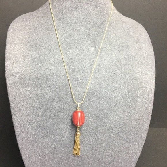 Fringe Tassel Pendant Necklace Salmon Red Striped Bead Gold Chain Retro BoHo - Picture 2 of 8